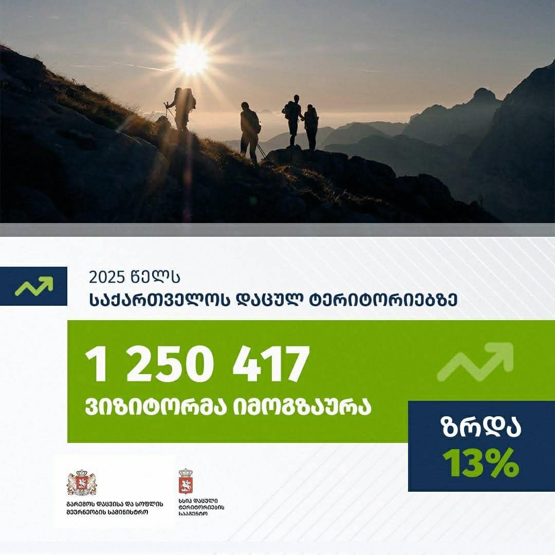 In 2025, a total of 1,250,417 visitors traveled to Georgia's protected areas, representing a record-breaking figure in terms of visitor numbers. Compared to 2024, the number of visitors increased by almost 13%
